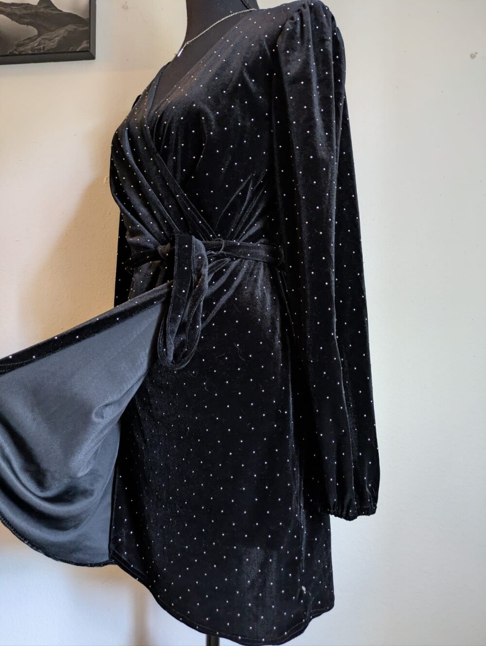 Nine West Black Velvet Polka Dot Faux Wrap Mini Dress - Size S - Picture 3 of 6